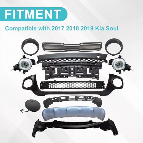طقم غطاء المصد الأمامي والشبكة ومصابيح الضباب المتوافقة مع 2017 2018 2019 Kia Soul الشواية العلوية السفلية واللوحة السفلية السفلية وأغطية مصابيح الضباب 12 قطعة KI1036136 KI1014102 in Kuwait