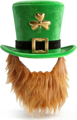 St. Patrick's Day Leprechaun Hat with Beard, Green Top Hat Costume Accessory Set with Shamrock and Buckle in Saudi Arabia