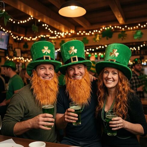 St. Patrick's Day Leprechaun Hat with Beard, Green Top Hat Costume Accessory Set with Shamrock and Buckle in Saudi Arabia