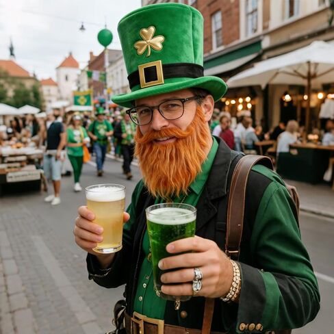 St. Patrick's Day Leprechaun Hat with Beard, Green Top Hat Costume Accessory Set with Shamrock and Buckle in Saudi Arabia