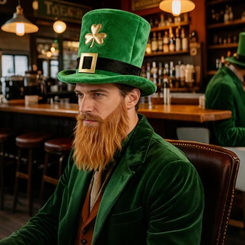 St. Patrick's Day Leprechaun Hat with Beard, Green Top Hat Costume Accessory Set with Shamrock and Buckle in Saudi Arabia