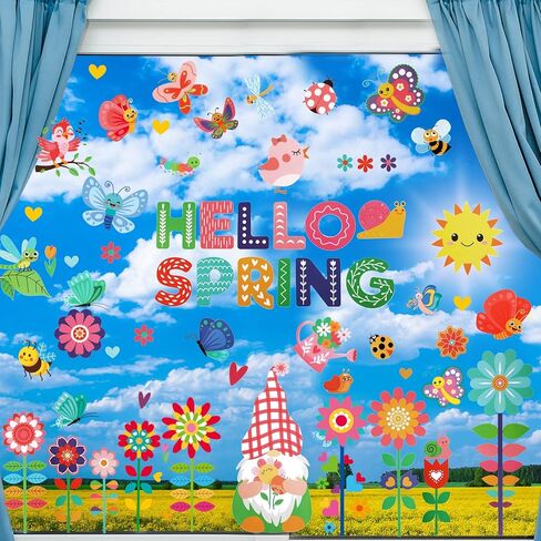 Sabary 112 Pcs Spring Window Clings Hello Spring Window Decals Stickers Flower Butterfly Bees Birds for Glass Decoration Party Home Office Birthday Supplies Accessories, Double Sided(Flower,9 Pcs) in Saudi Arabia