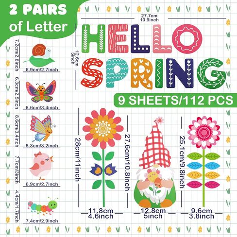Sabary 112 Pcs Spring Window Clings Hello Spring Window Decals Stickers Flower Butterfly Bees Birds for Glass Decoration Party Home Office Birthday Supplies Accessories, Double Sided(Flower,9 Pcs) in Saudi Arabia