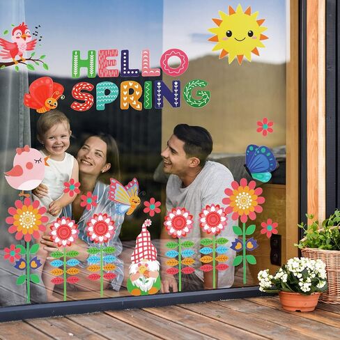 Sabary 112 Pcs Spring Window Clings Hello Spring Window Decals Stickers Flower Butterfly Bees Birds for Glass Decoration Party Home Office Birthday Supplies Accessories, Double Sided(Flower,9 Pcs) in Saudi Arabia