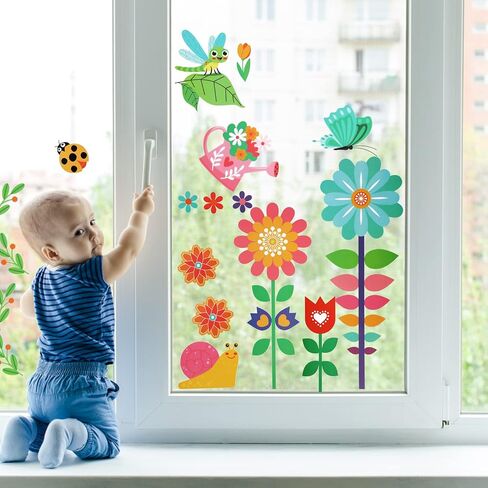 Sabary 112 Pcs Spring Window Clings Hello Spring Window Decals Stickers Flower Butterfly Bees Birds for Glass Decoration Party Home Office Birthday Supplies Accessories, Double Sided(Flower,9 Pcs) in Saudi Arabia