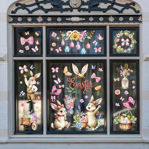 9 Sheets Large Easter Window Clings for Glass Windows Double Sided Happy Easter Window Stickers Decals Bunny Eggs Flowers Butterfly for Spring Party Decor (Happy Easter) in Saudi Arabia