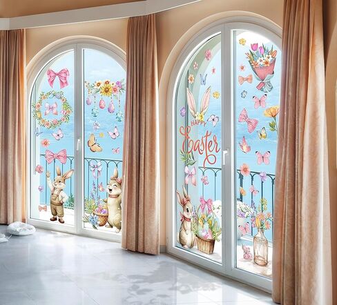 9 Sheets Large Easter Window Clings for Glass Windows Double Sided Happy Easter Window Stickers Decals Bunny Eggs Flowers Butterfly for Spring Party Decor (Happy Easter) in Saudi Arabia