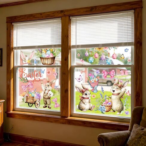 9 Sheets Large Easter Window Clings for Glass Windows Double Sided Happy Easter Window Stickers Decals Bunny Eggs Flowers Butterfly for Spring Party Decor (Happy Easter) in Saudi Arabia