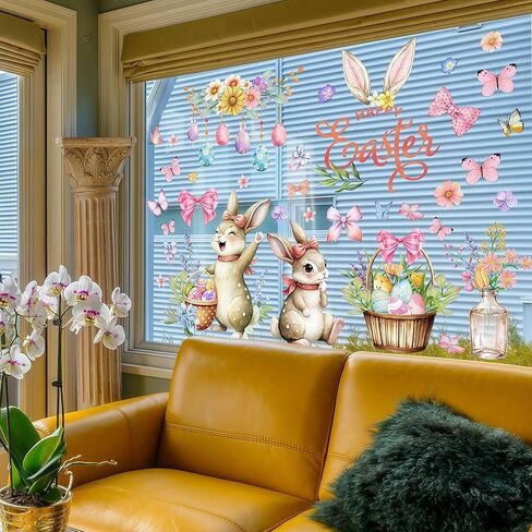 9 Sheets Large Easter Window Clings for Glass Windows Double Sided Happy Easter Window Stickers Decals Bunny Eggs Flowers Butterfly for Spring Party Decor (Happy Easter) in Saudi Arabia