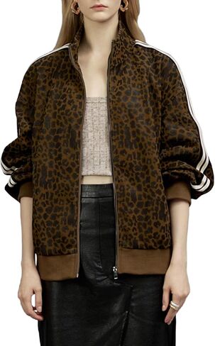 Women Leopard Print Striped Jacket Spring Zip Up Lightweight Coat Casual Long Sleeve Outerwear in Saudi Arabia