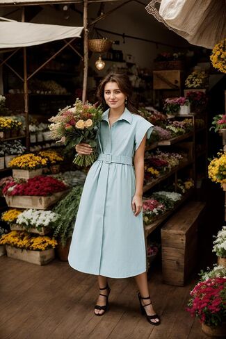 Womens Turn Down Collar Shirt Dress Short Wing Sleeve Button Down Dress Trench Coat Formal Elegant Dress with Belt in Saudi Arabia