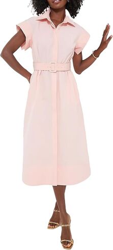 فستان قميص نسائي بياقة مقلوبة وأكمام قصيرة وزر للأسفل، معطف واقٍ من المطر، فستان رسمي أنيق مع حزام in Kuwait