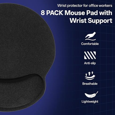 8 Packs Gel Memory Foam Mouse Pad with Non-Slip Base, Ergonomic Mouse Pad with Wrist Support, Portable Comfortable Mousepad for Computer, Laptop, Gaming, Office, Home, Black in Kuwait