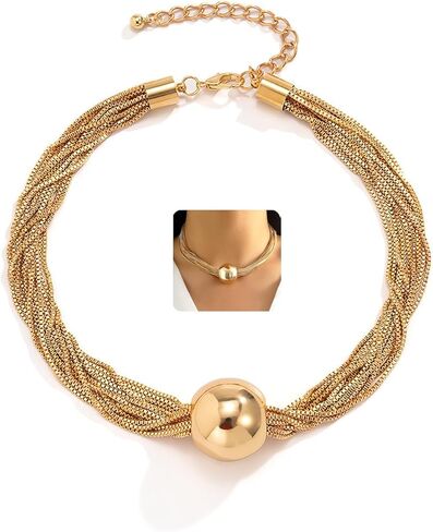Chunky Gold Statement Necklace for Women Adjustable Silver Box Chain Choker Thick Sphere Pendant Necklace Exaggerated Metal Beads Jewelry Gifts in Kuwait