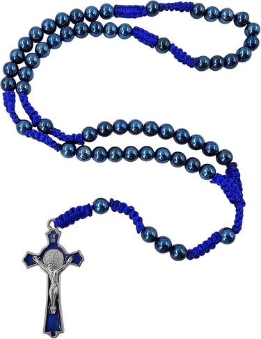 TALISMAN4U 8mm Blue Hematite Beads Catholic Rosary Necklace for Men St Benedict Medal Crucifix Handmade Braided Rosaries with Rosary Pouch & Prayer Card Religious Gift in Saudi Arabia