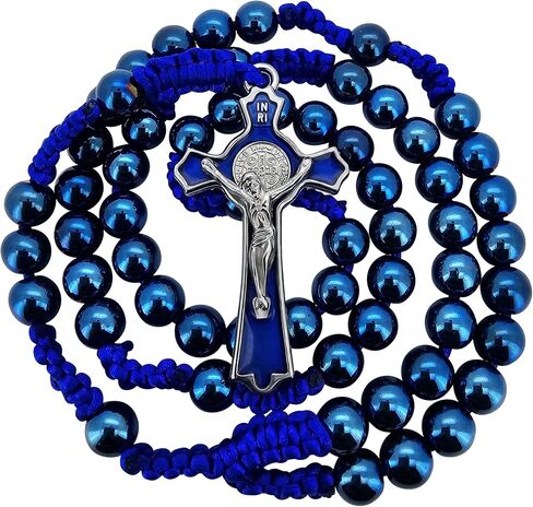 TALISMAN4U 8mm Blue Hematite Beads Catholic Rosary Necklace for Men St Benedict Medal Crucifix Handmade Braided Rosaries with Rosary Pouch & Prayer Card Religious Gift in Saudi Arabia