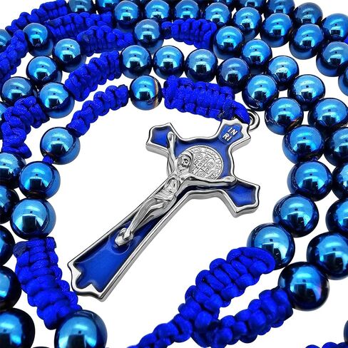TALISMAN4U 8mm Blue Hematite Beads Catholic Rosary Necklace for Men St Benedict Medal Crucifix Handmade Braided Rosaries with Rosary Pouch & Prayer Card Religious Gift in Saudi Arabia