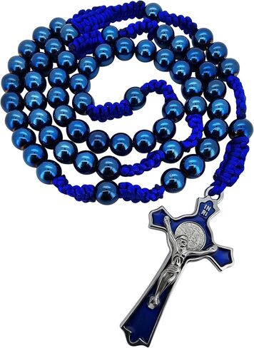 TALISMAN4U 8mm Blue Hematite Beads Catholic Rosary Necklace for Men St Benedict Medal Crucifix Handmade Braided Rosaries with Rosary Pouch & Prayer Card Religious Gift in Saudi Arabia