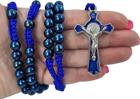 TALISMAN4U 8mm Blue Hematite Beads Catholic Rosary Necklace for Men St Benedict Medal Crucifix Handmade Braided Rosaries with Rosary Pouch & Prayer Card Religious Gift in Saudi Arabia