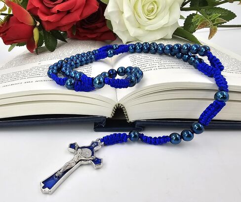 TALISMAN4U 8mm Blue Hematite Beads Catholic Rosary Necklace for Men St Benedict Medal Crucifix Handmade Braided Rosaries with Rosary Pouch & Prayer Card Religious Gift in Saudi Arabia