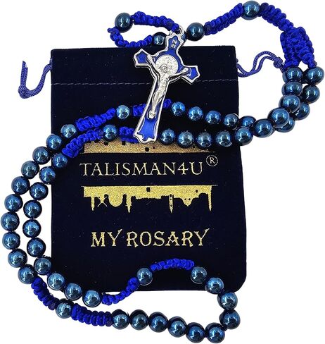 TALISMAN4U 8mm Blue Hematite Beads Catholic Rosary Necklace for Men St Benedict Medal Crucifix Handmade Braided Rosaries with Rosary Pouch & Prayer Card Religious Gift in Saudi Arabia
