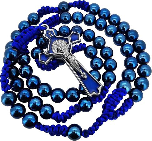 TALISMAN4U 8mm Blue Hematite Beads Catholic Rosary Necklace for Men St Benedict Medal Crucifix Handmade Braided Rosaries with Rosary Pouch & Prayer Card Religious Gift in Saudi Arabia