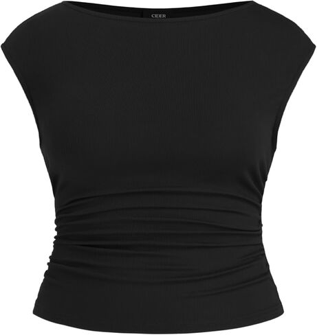 CIDER Tank Tops for Women Ruched Boat Neck Sleeveless Summer Going Out Plus Size Tops Slim Fit Curve in Saudi Arabia