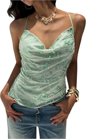 قمصان علوية نسائية من MakeMeChic مزهّرة بالترتر Y2K مطرزة بالخرز بدون أكمام شبكية مفتوحة من الخلف in Kuwait