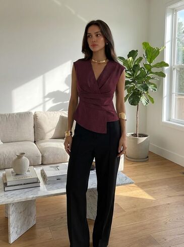 Womens Sleeveless V Neck Wrap Style Top Fitted Blouse Lightweight Pullover Shirt for Daily Wear and Layered Outfits in Saudi Arabia