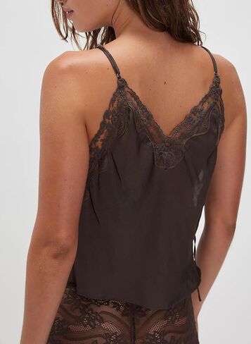 Women Lace Trim Satin Tank Tops Silk Spaghetti Strap V Neck Mesh Lace Camisole Top Y2K Flowy Going Out Layering Top in Saudi Arabia