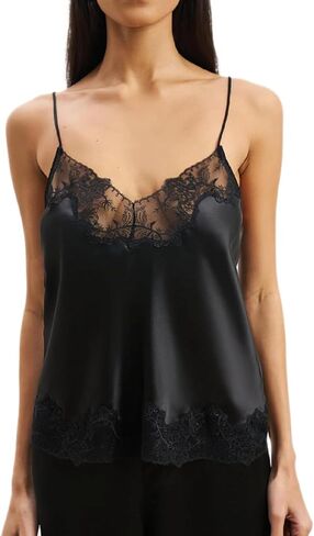 Women Lace Trim Satin Tank Tops Silk Spaghetti Strap V Neck Mesh Lace Camisole Top Y2K Flowy Going Out Layering Top in Saudi Arabia