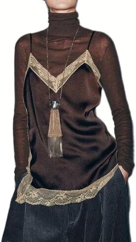 Women Lace Trim Satin Tank Tops Silk Spaghetti Strap V Neck Mesh Lace Camisole Top Y2K Flowy Going Out Layering Top in Saudi Arabia