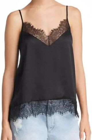 Women Lace Trim Satin Tank Tops Silk Spaghetti Strap V Neck Mesh Lace Camisole Top Y2K Flowy Going Out Layering Top in Saudi Arabia