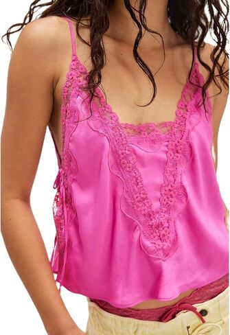 Women Lace Trim Satin Tank Tops Silk Spaghetti Strap V Neck Mesh Lace Camisole Top Y2K Flowy Going Out Layering Top in Saudi Arabia