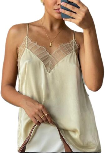Women Lace Trim Satin Tank Tops Silk Spaghetti Strap V Neck Mesh Lace Camisole Top Y2K Flowy Going Out Layering Top in Saudi Arabia