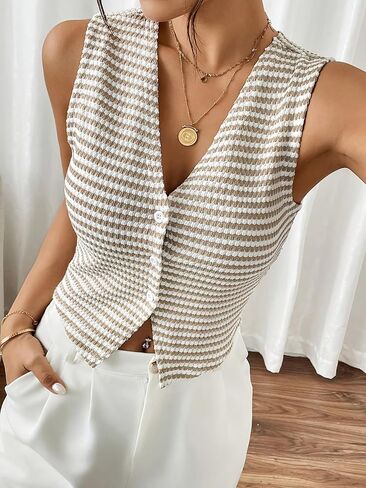 Women's V Neck Sleeveless Knit Crop Top Button Down Plaid Striped Slim Fit Casual Blouse for Summer in Saudi Arabia