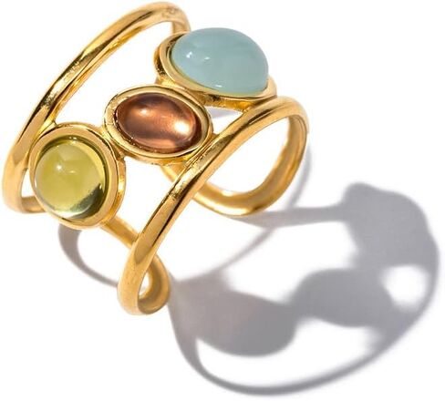 Natural Lapis Lazuli/African Jade Western Chunky Statement Rings, 18K Gold Plated Exaggerated Resizable Rings, 10 * 25MM Cut Gemstone, Stackable Fashion Ring for Women in Kuwait