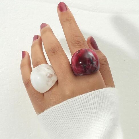 2Pcs Chunky Resin Knuckle Dome Rings Set for Women Dainty Large Y2k Acrylic Finger Nail Ring Pack Big Two Tone Plastic Statement Jewelry Gifts in Saudi Arabia