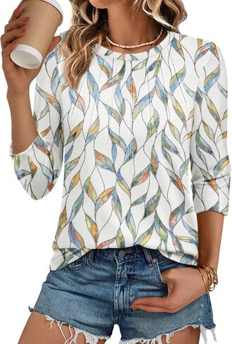 ATHMILE Women's Casual 3/4 Sleeve T-Shirts Round Neck Cute Tunic Summer Tops Basic Tees Fall Blouses Loose Fit Pullover in Kuwait