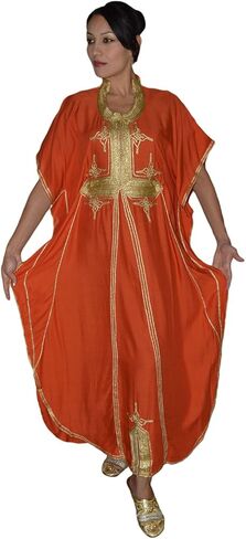 Moroccan Caftan Hand Made Breathable Cotton with Gold Hand Embroidery Long in Saudi Arabia