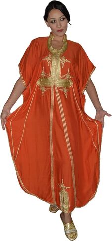 Moroccan Caftan Hand Made Breathable Cotton with Gold Hand Embroidery Long in Saudi Arabia