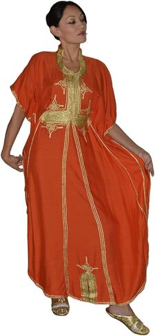 Moroccan Caftan Hand Made Breathable Cotton with Gold Hand Embroidery Long in Saudi Arabia
