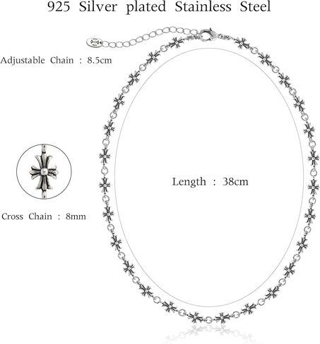 Silver Chrome Cross Pendants Necklace Vintage Gothic Choker Chain with Sterling Silver 925 Plated Adjustable Chain for Men and Women Unisex Street Style Punk in Saudi Arabia