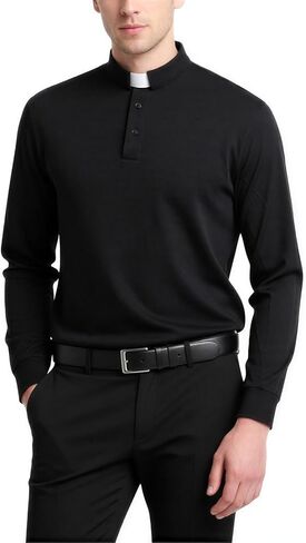 Men's Long Sleeve Clergy Polo Shirt - Tab Collar Cotton Blend Pastor Minister Top with Removable White Tabs, Regular Fit in Saudi Arabia