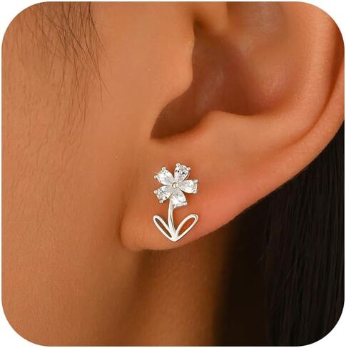 Dainty Flower Earrings for Women 925 Sterling Silver Hypoallergenic Earrings 14K Gold Plated Cubic Zirconia Earrings Floral Leaf Stud Earrings Wedding Birthday Easter Gifts in Kuwait