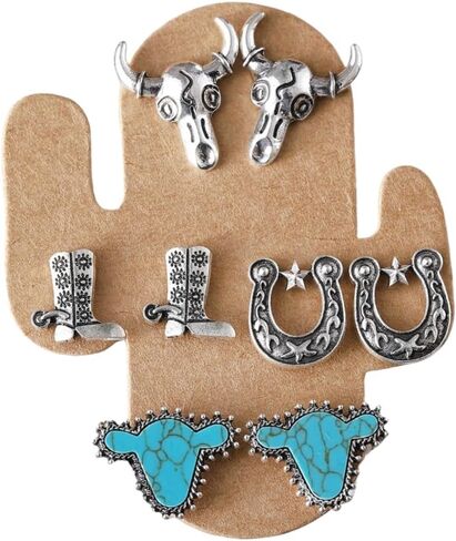 Western Turquoise Stud Earrings Set for Women Turquoise Cattle Head Cowgirl Hat Boots Concho Horseshoe Stud Earring Vintage Retro Western Earrings Y2K Bohemian Cowgirl Jewelry Accessories in Saudi Arabia