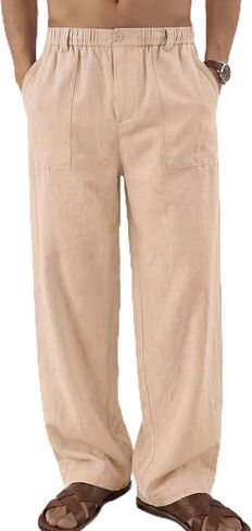 COOFANDY Men's Casual Linen Cotton Pants Elastic Waist Summer Beach Trousers Lightweight Yoga Vacation Pants in Kuwait