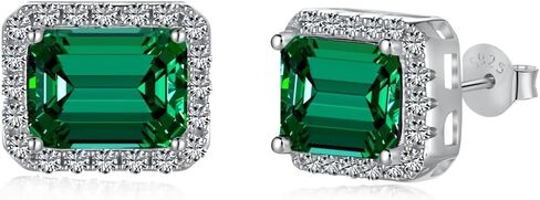 Emerald Earrings for Women Halo Created Emerald Green Stud earrings 18K White Gold Plated Silver in Kuwait