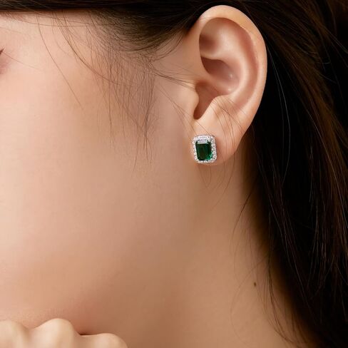 Emerald Earrings for Women Halo Created Emerald Green Stud earrings 18K White Gold Plated Silver in Kuwait