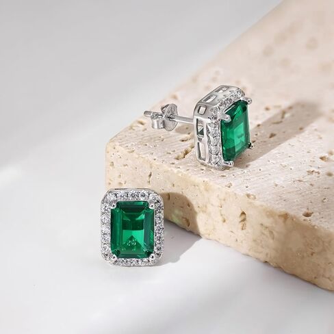 Emerald Earrings for Women Halo Created Emerald Green Stud earrings 18K White Gold Plated Silver in Kuwait